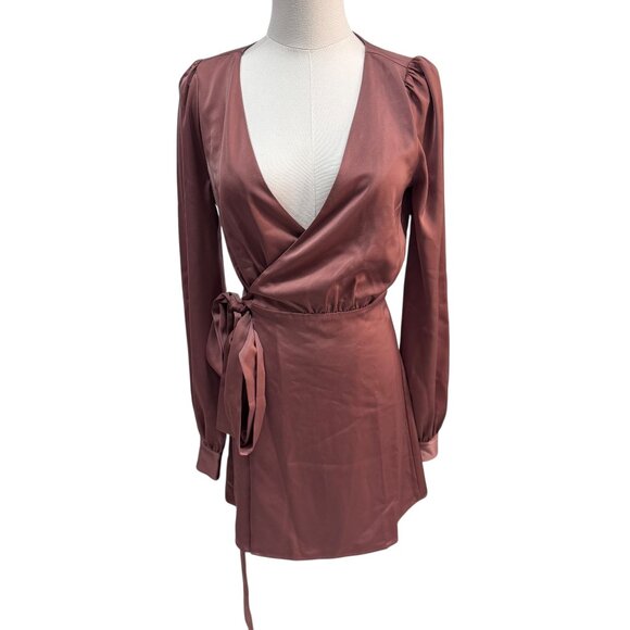 EUC NBD Wrap Mini Dress Long Sleeve Rust Satin XS - Picture 3 of 8